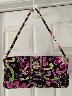 Vera Bradley Brown Quilted Clutch with Pink, Purple & Green Floral Print